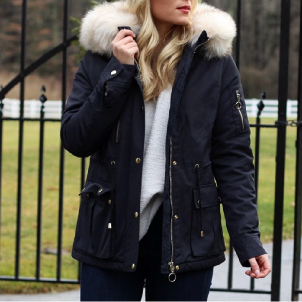 Topshop Black Jacket with Cream Fur Hood - Picture 2 of 5
